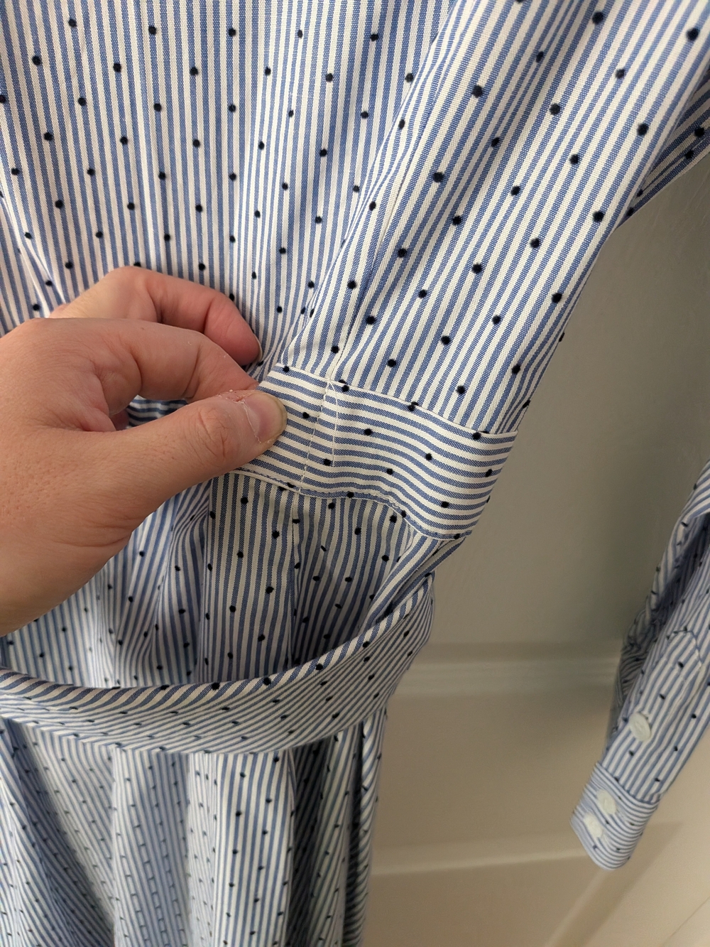 Court & Rowe Dotted Blue Pin Stripe Ruffle-Front Button Dress - Picture 6 of 9